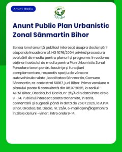 Informații privind decizia etapei de încadrare pentru Planul Urbanistic Zonal - construire locuințe Sânmartin jud Bihor