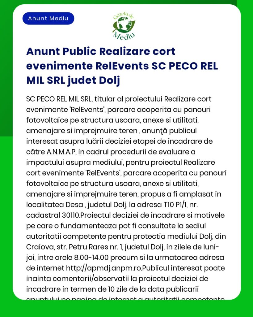 SC PECO REL MIL SRL anunță intenția de amplasare panouri fotovoltaice și structuri de acoperire RelEvents în județul Dolj
