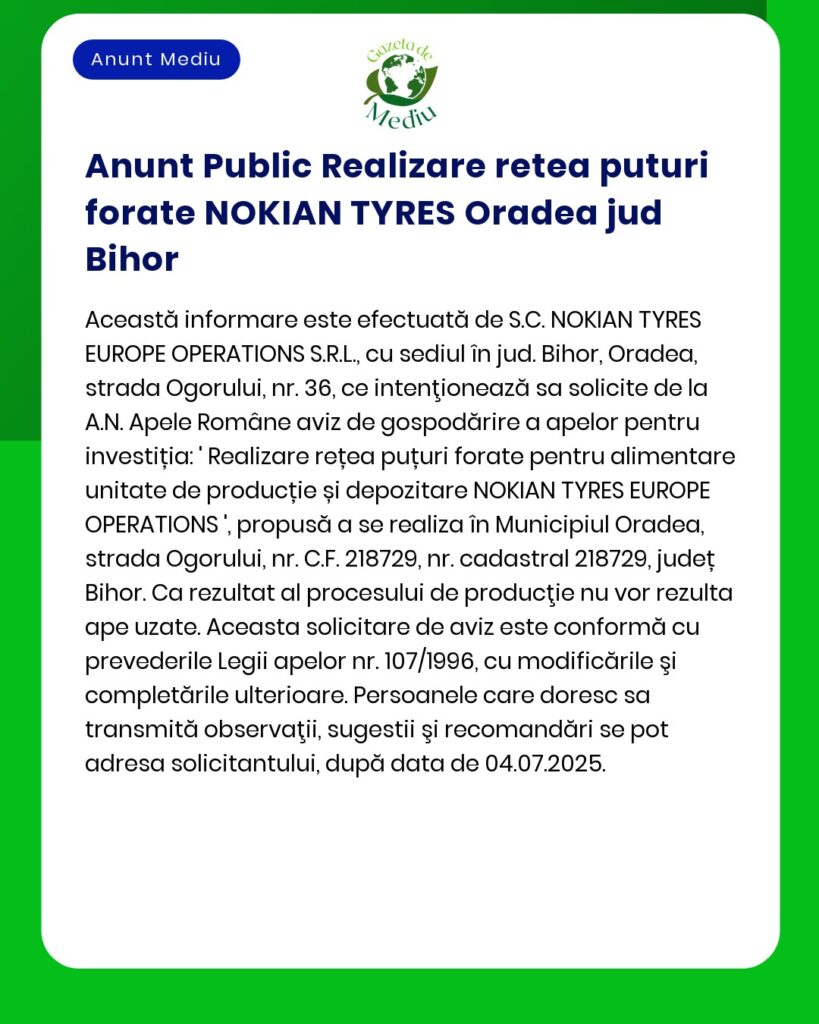 APM anunță depunerea solicitării de emitere a acordului de mediu pentru proiectul 'Construire puțuri forate adânci pentru alimentare cu apă' propus a fi amplasat în municipiul Oradea titular NOKIAN TYRES EUROPE OPERATIONS SRL