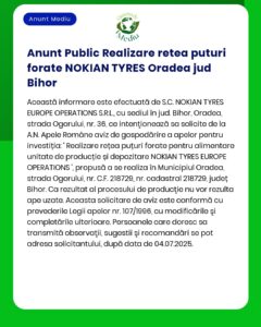 APM anunță depunerea solicitării de emitere a acordului de mediu pentru proiectul 'Crearea unei rețele de puțuri freatice pentru NOKIAN TYRES EUROPE OPERATIONS' propus a fi amplasat în Oradea județul Bihor