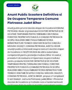 APM a luat decizia finală pentru ocuparea temporară a unei suprafețe de teren forestier în comuna Pietroasa județul Bihor pentru lucrări de îmbunătățire a infrastructurii