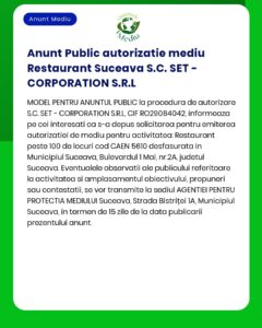 Proiect 'Construire restaurant S+P+1E branșamente la utilități împrejmuire și organizare de șantier' titular SC SET - CORPORATION SRL