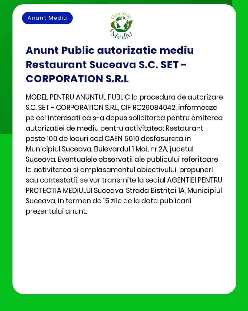 Proiect 'Construire restaurant S+P+1E branșamente la utilități împrejmuire și organizare de șantier' titular SC SET - CORPORATION SRL