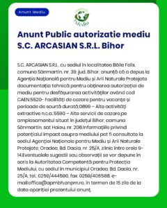 Anunț public privind depunerea solicitării de emitere a acordului de mediu pentru proiectul 'Construire fermă creștere porci' propus a fi amplasat în localitatea Cociuba Mare nr 512/A județul Bihor titular SC ARCASIAN SRL