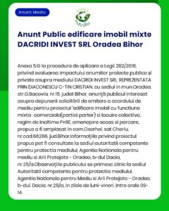 APM anunță depunerea solicitării de emitere a acordului de mediu pentru proiectul 'Construire imobil cu funcțiuni mixte' propus a fi amplasat în Oradea județul Bihor titular DACRID INVEST SRL