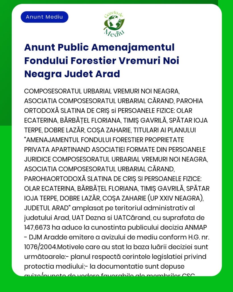 Anunt Public Amenajamentul Fondului Forestier Vremuri Noi Neagra Judet