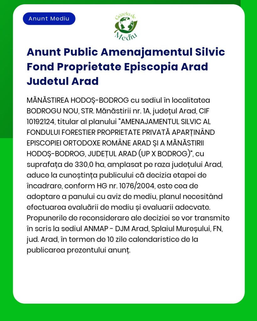 Anunt Public Amenajamentul Silvic Fond Proprietate Episcopia Arad Jude