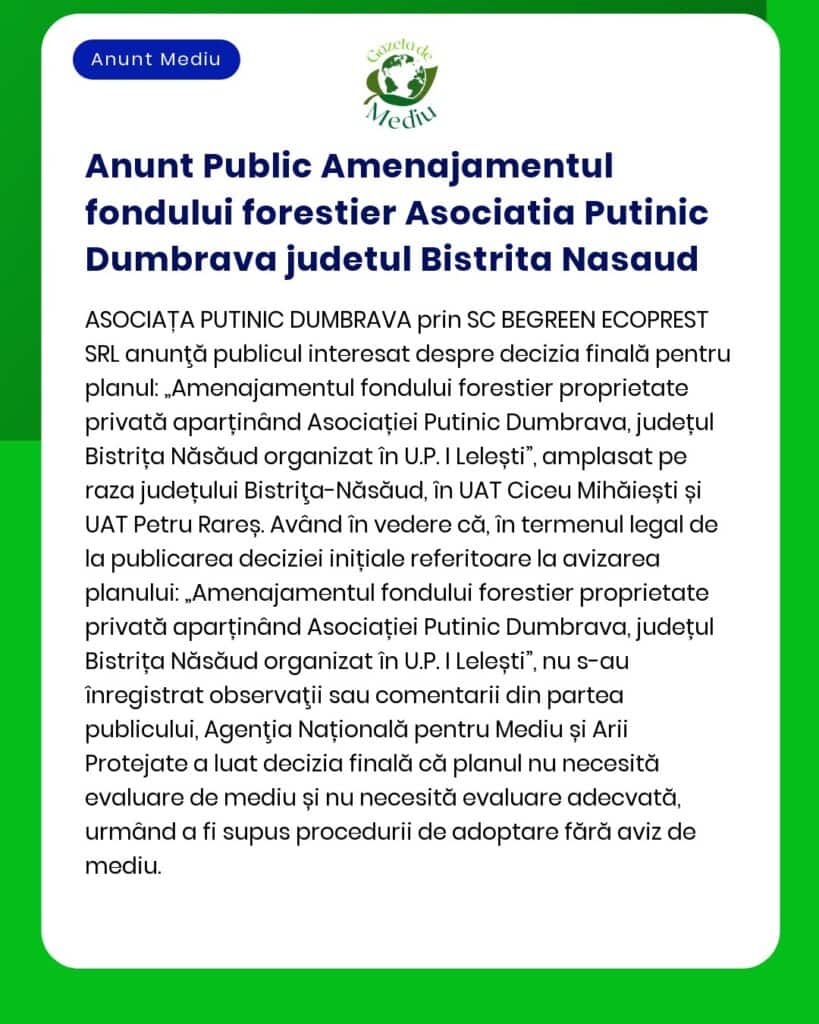 Anunt Public Amenajamentul fondului forestier Asociatia Putinic Dumbra
