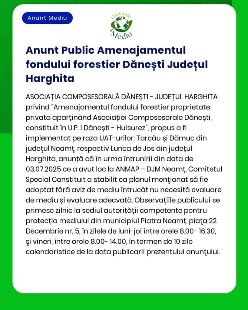 Anunt Public Amenajamentul fondului forestier Dănești Județul Harghita