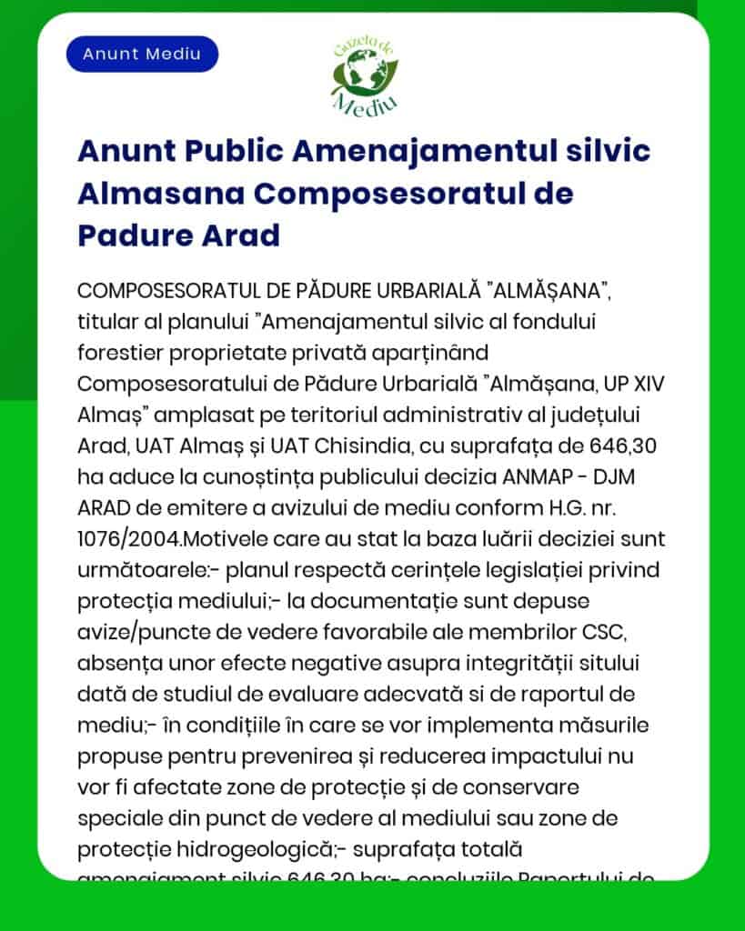 Anunt Public Amenajamentul silvic Almasana Composesoratul de Padure Ar