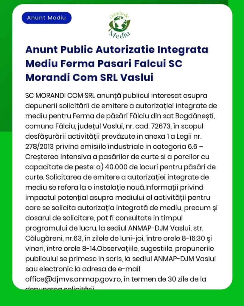 Anunt Public Autorizatie Integrata Mediu Ferma Pasari Falcui SC Morand