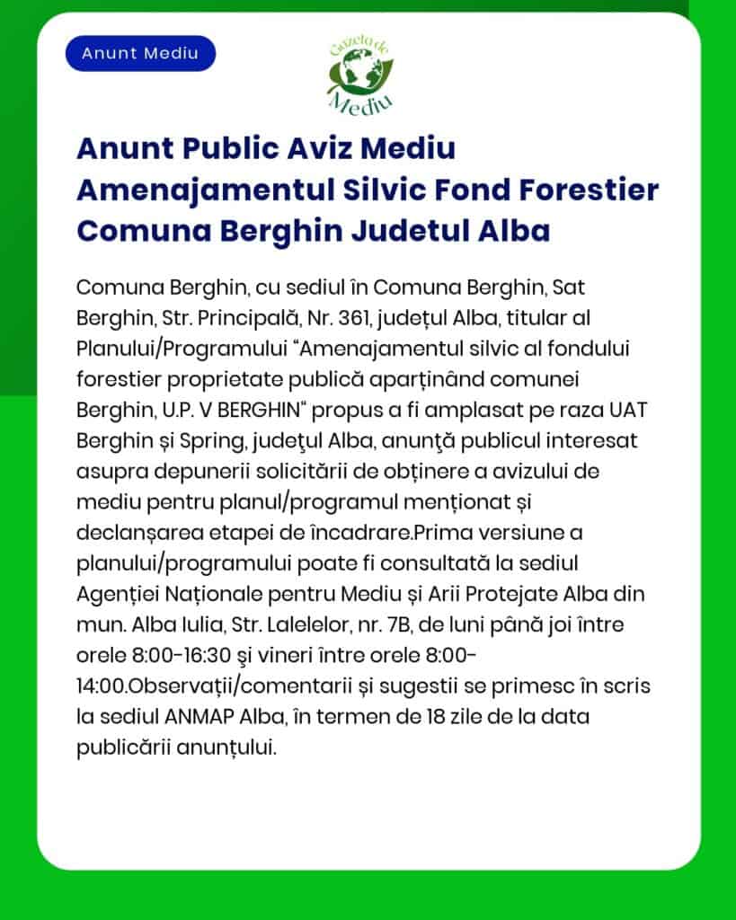 Anunt Public Aviz Mediu Amenajamentul Silvic Fond Forestier Comuna Ber