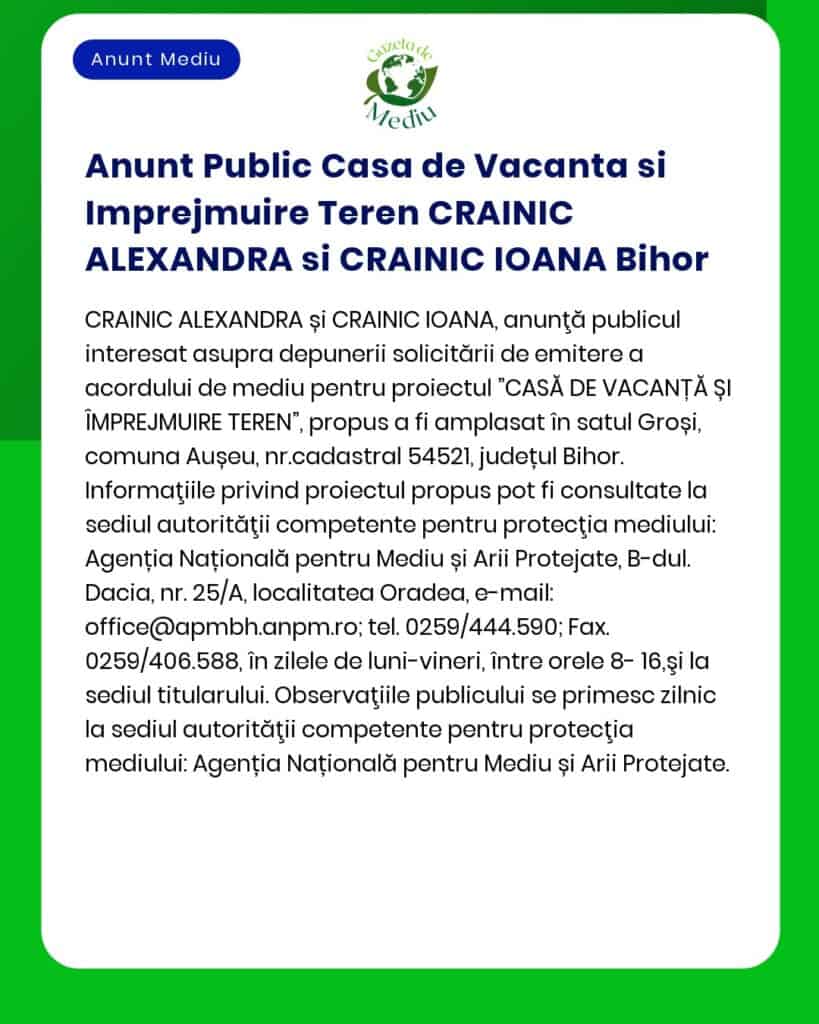 Anunt Public Casa de Vacanta si Imprejmuire Teren CRAINIC ALEXANDRA si