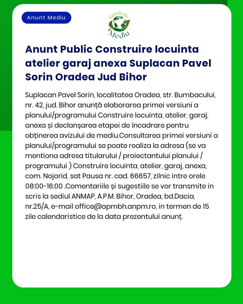 Anunt Public Construire locuinta atelier garaj anexa Suplacan Pavel So