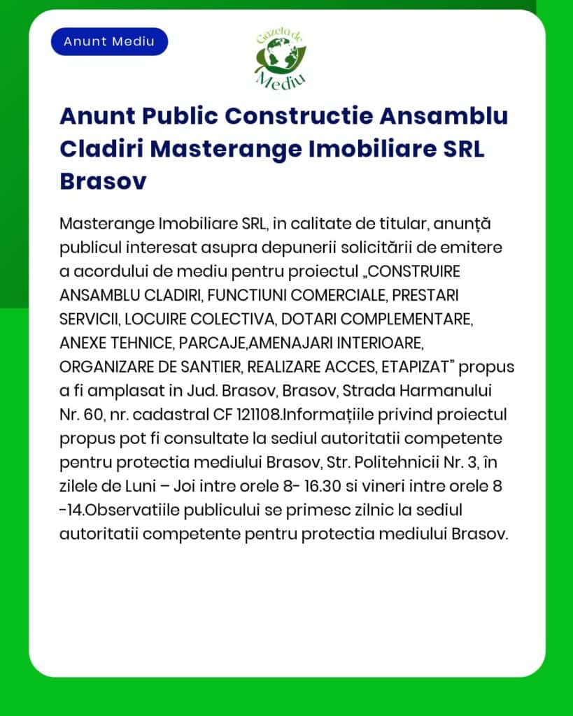 Anunt Public Constructie Ansamblu Cladiri Masterange Imobiliare SRL Br