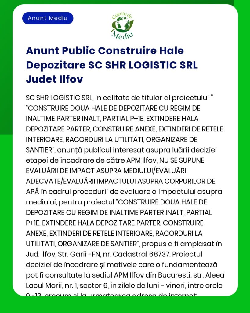 Anunt Public Construire Hale Depozitare SC SHR LOGISTIC SRL Judet Ilfo