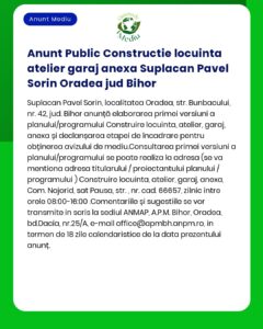 Anunt Public Constructie locuinta atelier garaj anexa Suplacan Pavel S