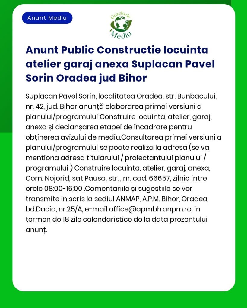 Anunt Public Constructie locuinta atelier garaj anexa Suplacan Pavel S