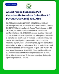 Anunt Public Elaborare PUZ Constructie Locuinte Colective S.C. POPA&RO