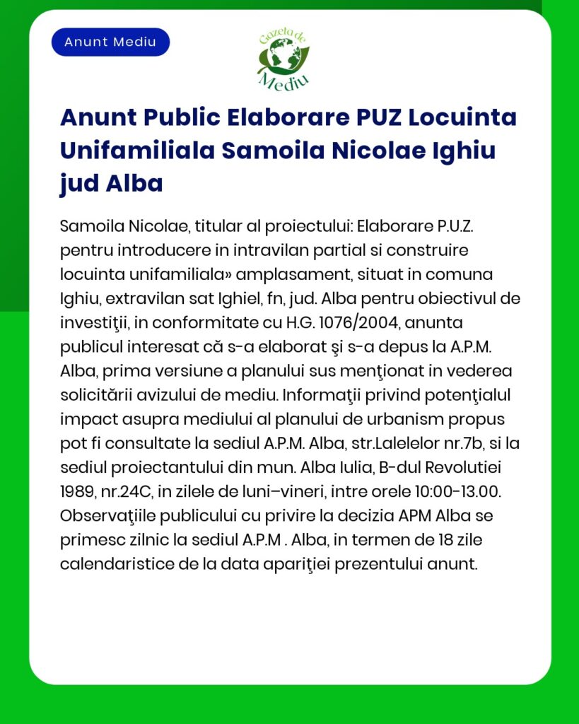 Anunt Public Elaborare PUZ Locuinta Unifamiliala Samoila Nicolae Ighiu