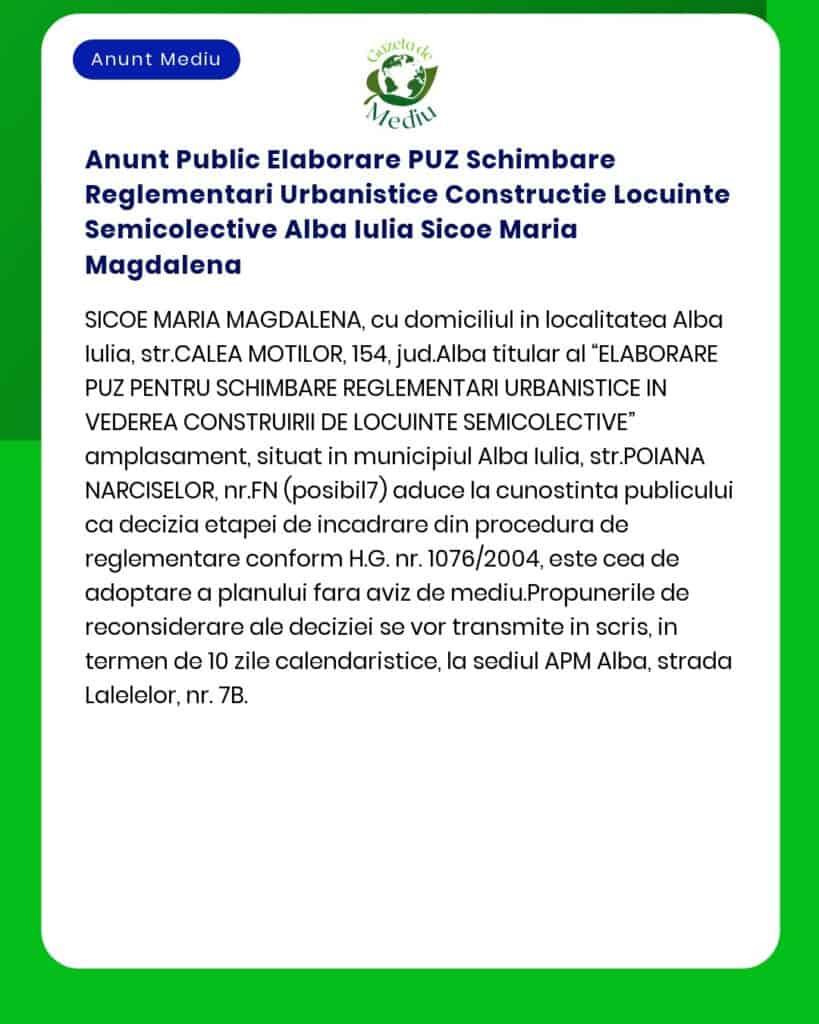 Anunt Public Elaborare PUZ Schimbare Reglementari Urbanistice Construc
