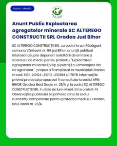 Anunt Public Exploatarea agregatelor minerale SC ALTEREGO CONSTRUCTII