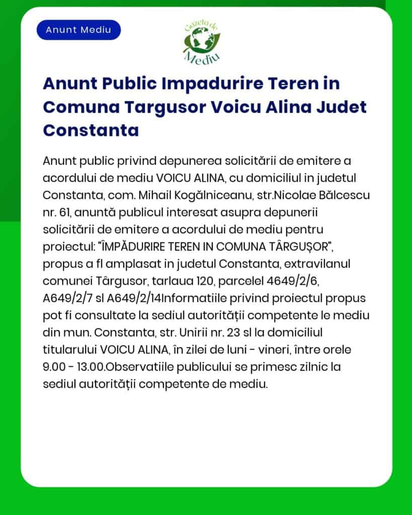 Anunt Public Impadurire Teren in Comuna Targusor Voicu Alina Judet Con