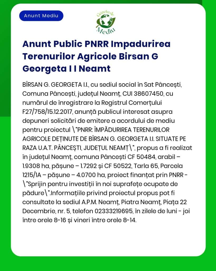 Anunt Public PNRR Impadurirea Terenurilor Agricole Birsan G Georgeta I