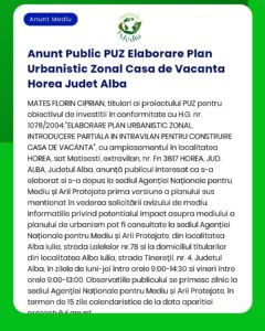 Anunt Public PUZ Elaborare Plan Urbanistic Zonal Casa de Vacanta Horea