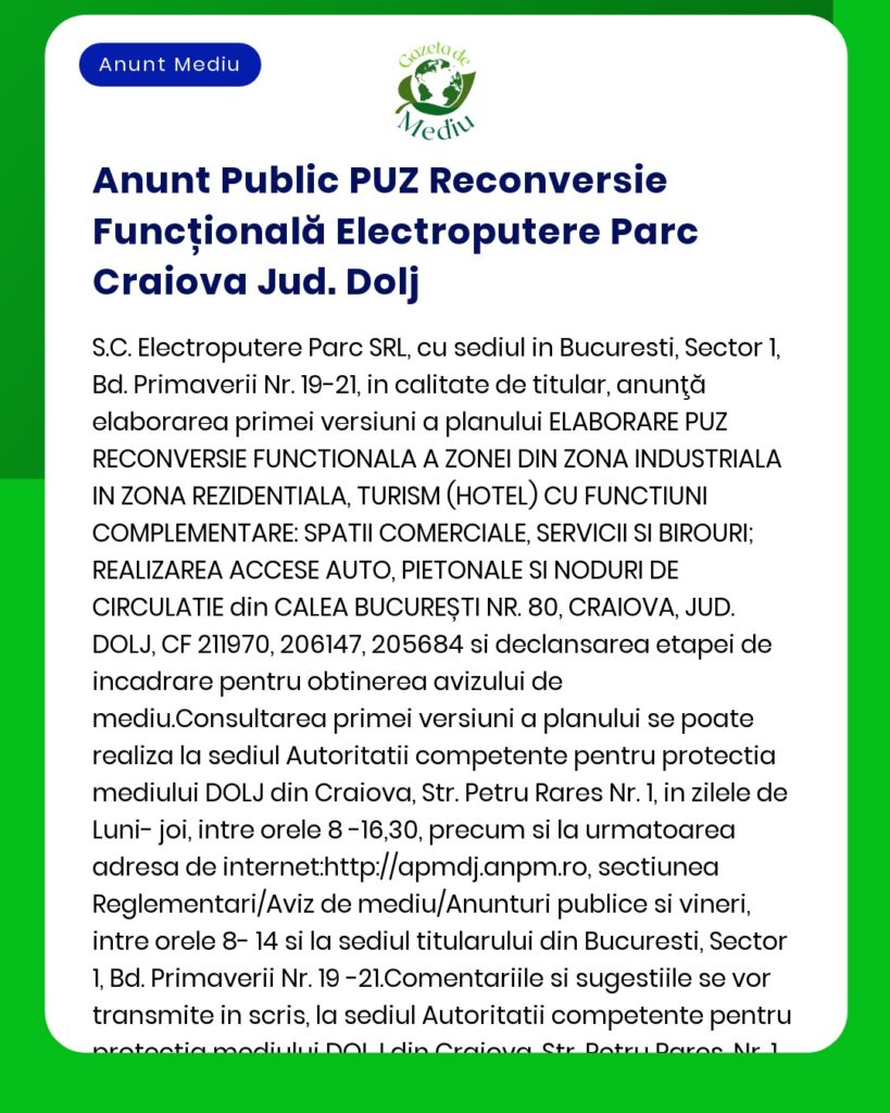 Anunt Public PUZ Reconversie Funcțională Electroputere Parc Craiova Ju