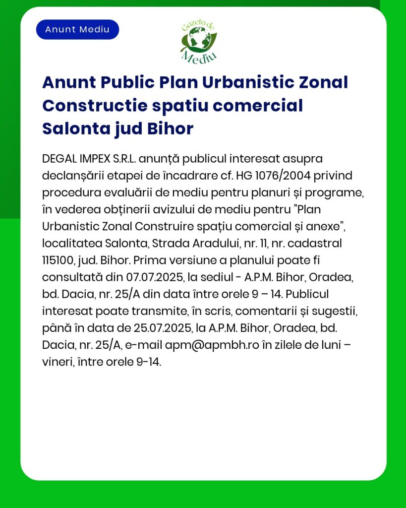 Anunt Public Plan Urbanistic Zonal Constructie spatiu comercial Salont