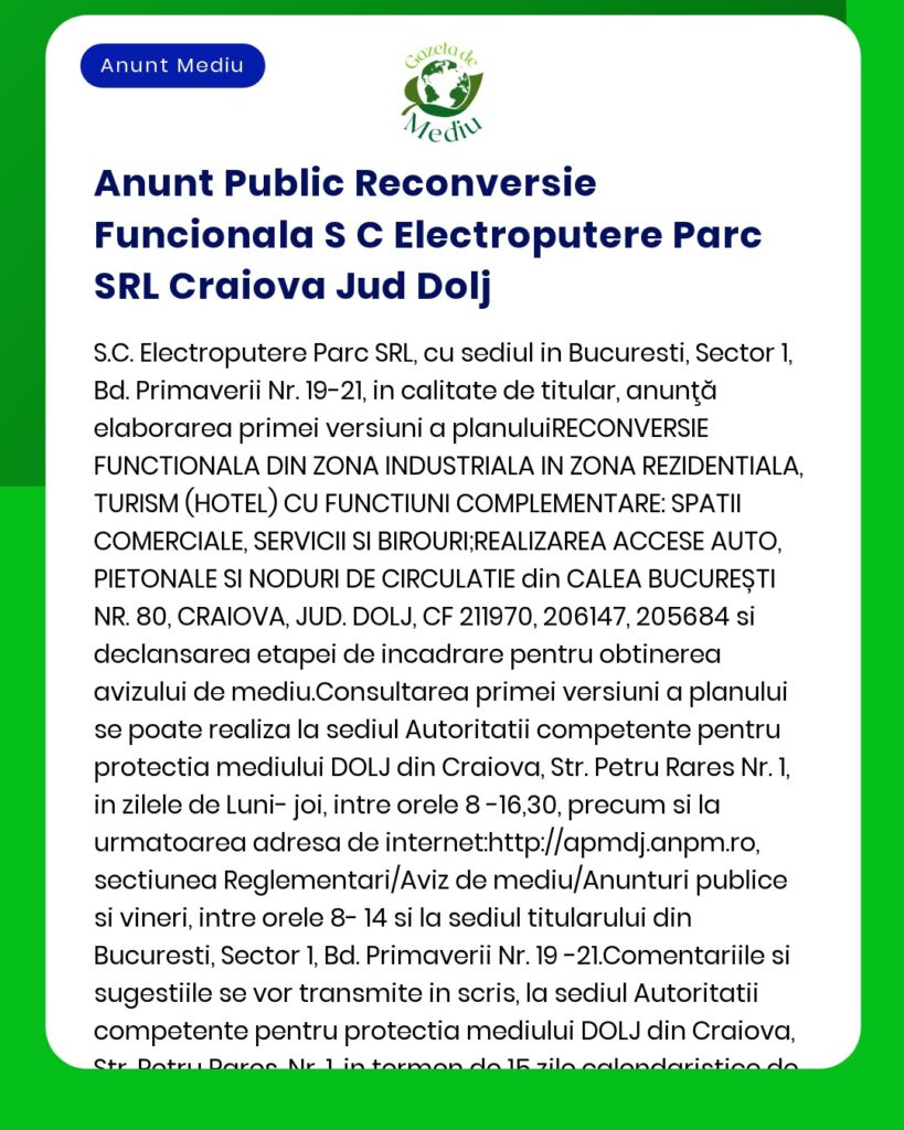 Anunt Public Reconversie Funcionala S C Electroputere Parc SRL Craiova
