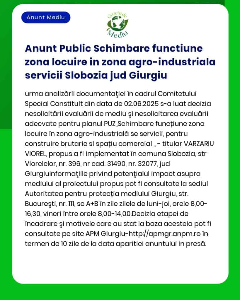 Anunt Public Schimbare functiune zona locuire in zona agro-industriala