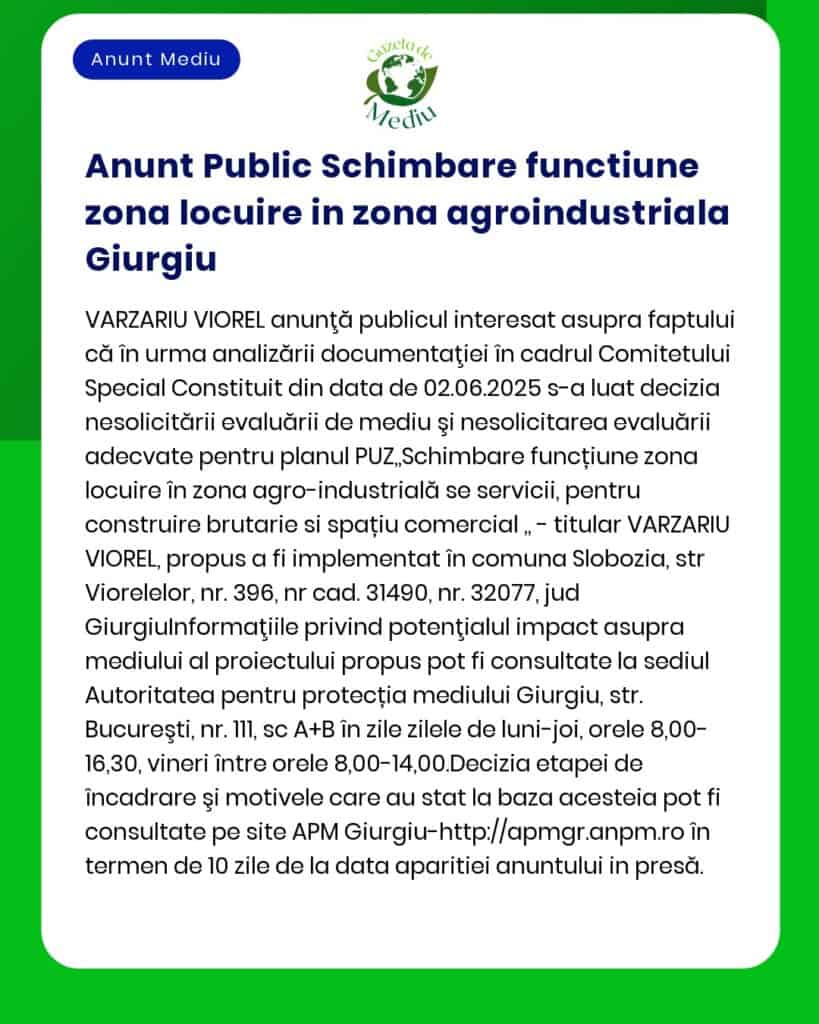 Anunt Public Schimbare functiune zona locuire in zona agroindustriala