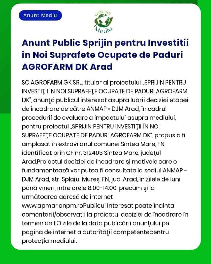 Anunt Public Sprijin pentru Investitii in Noi Suprafete Ocupate de Pad