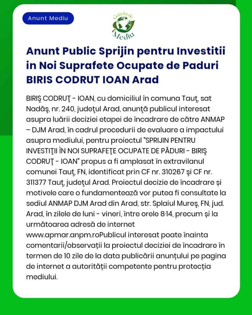 Anunt Public Sprijin pentru Investitii in Noi Suprafete Ocupate de Pad