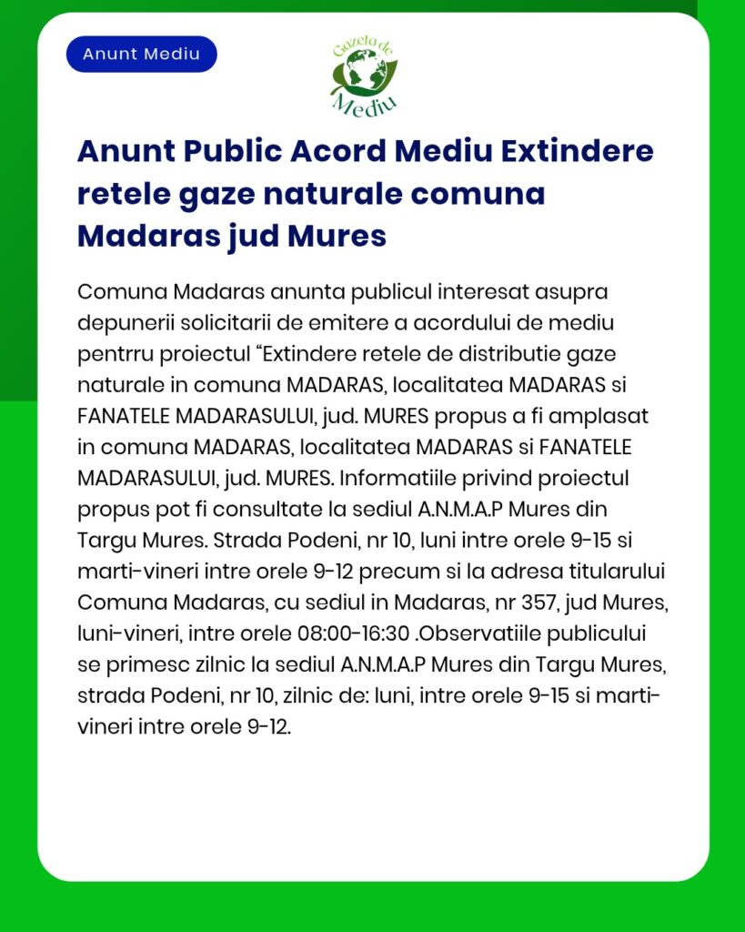 Extinderea rețelei de distribuție gaze naturale în localitatea Madaras județul Mureș