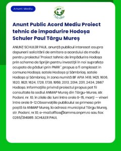 Anunț privind acordul de mediu pentru proiectul împădurire Hodoșa Schuler Paul cu detalii despre amplasamente număr de referință și informații de contact