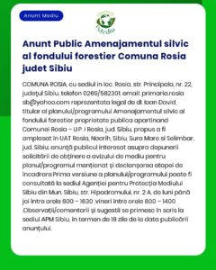 APM Sibiu anunță depunerea solicitării de emitere a acordului de mediu pentru proiectul 'Elaborare amenajament fond forestier proprietate publică a comunei Roșia județul Sibiu'