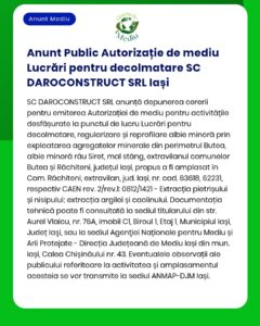 SC DAROCONSTRUCT SRL Iași solicită la APM emiterea autorizației de mediu pentru lucrări de excavare și degajare în perimetre miniere din județul Iași