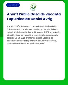 APM anunță decizia de emitere a acordului de mediu pentru proiectul 'Construire case de vacanță' propus a fi amplasat în Avrig titular Lupu Nicolae Daniel