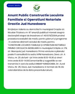 Proiectul 'Construire locuință și birou notarial' propus a fi amplasat în municipiul Orăștie județul Hunedoara nu se supune evaluării impactului asupra mediului