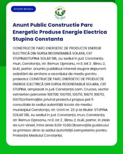 APM Constanța anunță solicitarea acordului de mediu pentru proiectul 'Parc de producere energie electrică și energie solară' titular menționat în text dacă apare