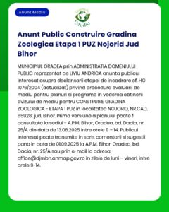 APM anunță depunerea solicitării de emitere a acordului de mediu pentru proiectul 'Construire grădină zoologică etapa I' propus a fi amplasat în comuna Nojorid jud Bihor