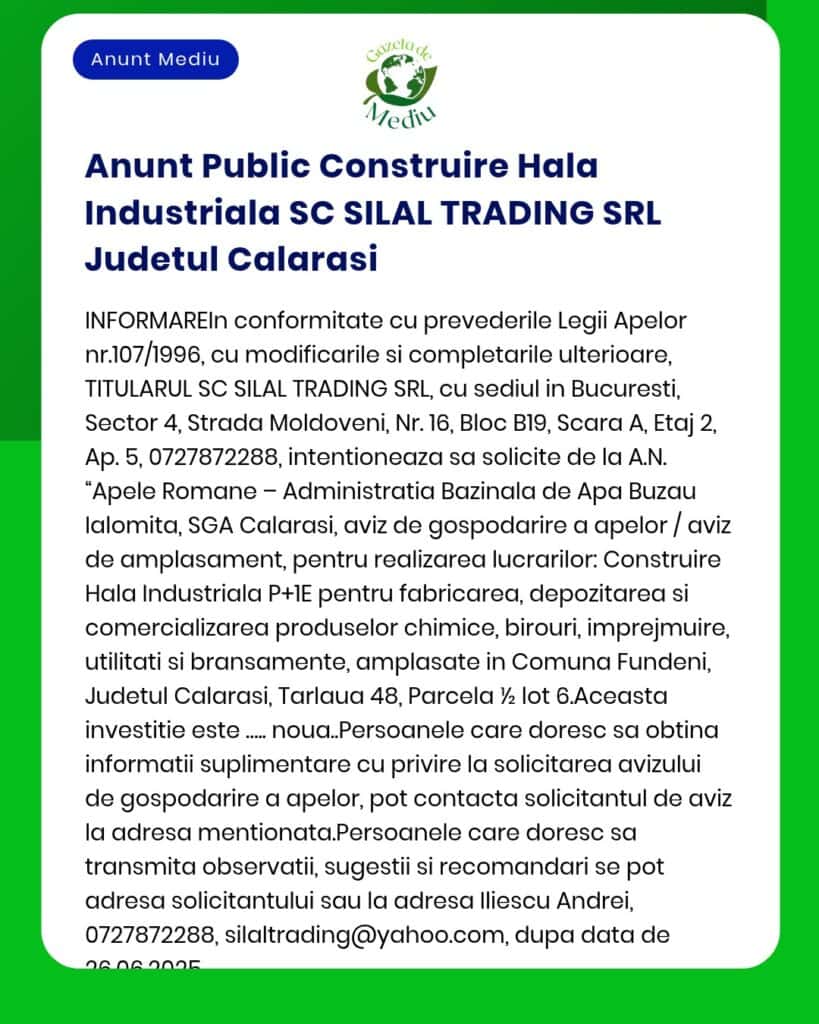 SC SILAL TRADING SRL anunță intenția de a închiria un depozit în județul Călărași