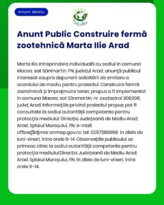 APM anunță depunerea solicitării de emitere a acordului de mediu pentru proiectul construire fermă creștere animale propus a fi amplasat în localitatea Macea județul Arad