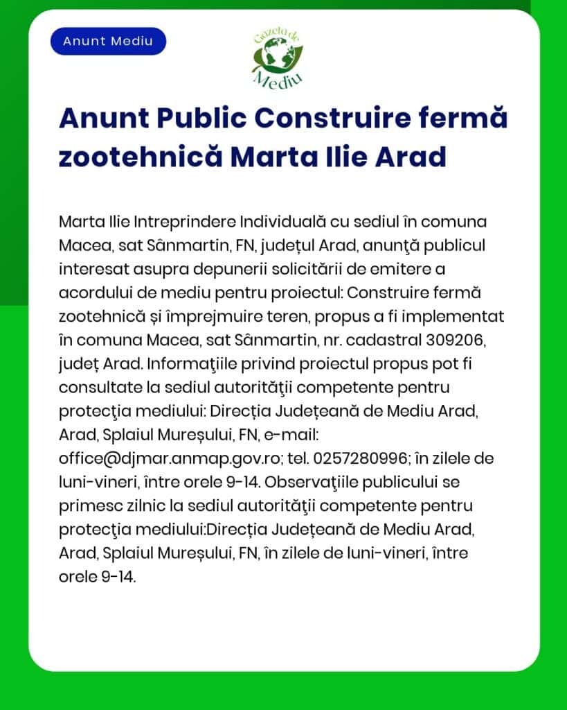 APM anunță depunerea solicitării de emitere a acordului de mediu pentru proiectul construire fermă creștere animale propus a fi amplasat în localitatea Macea județul Arad