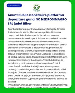 SC NEDROSIMAGRO SRL anunță depunerea solicitării la APM Bihor pentru proiectul 'Platformă depozitare deșeuri' în județul Bihor