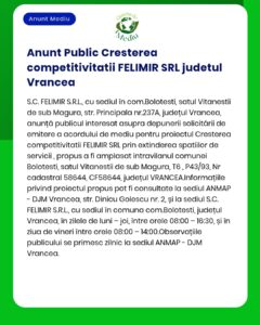 Extindere capacitate prestări servicii în Bolotești județul Vrancea Solicitare acord de mediu depusă la APM