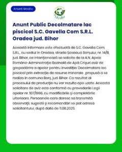 SC Gavella Com SRL a depus la APM documentația pentru deschiderea lucrărilor de dragare lac și extracție nisip în Oradea județul Bihor conform cerințelor legale în vigoare